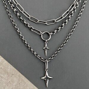 NEW 3 layered silver necklaces, steel NON-TARNISH CHAIN, north STAR punk goth